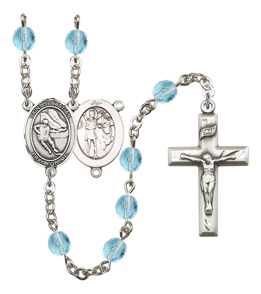 St. Sebastian / Hockey Rosary, 6mm Fire Polished Aqua Beads, Silver Plate, # 16228