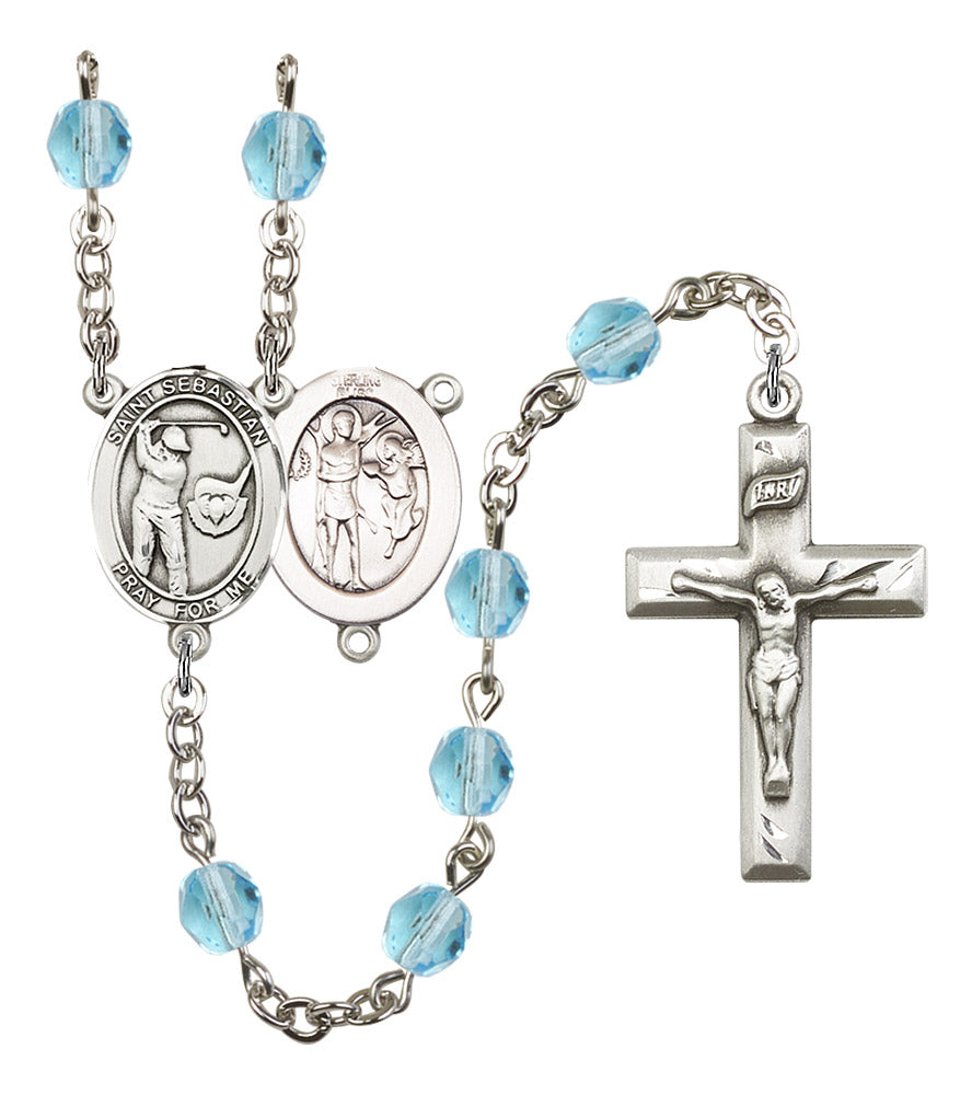 St. Sebastian / Golf Rosary, 6mm Fire Polished Aqua Beads, Silver Plate, # 16231