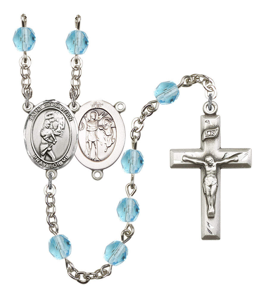 St. Sebastian / Softball Rosary, 6mm Fire Polished Aqua Beads, Silver Plate, # 16232