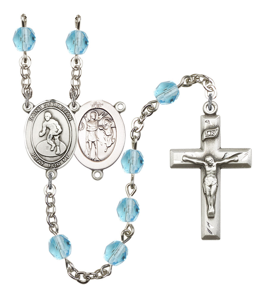St. Sebastian / Wrestling Rosary, 6mm Fire Polished Aqua Beads, Silver Plate, # 16233