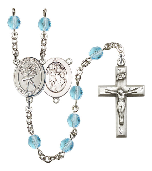 St. Sebastian / Dance Rosary, 6mm Fire Polished Aqua Beads, Silver Plate, # 16237