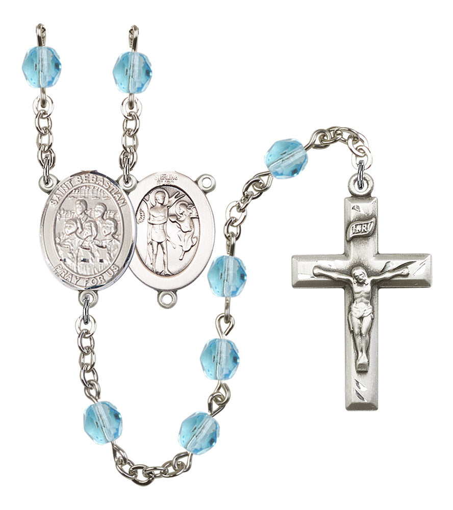 St. Sebastian / Choir Rosary, 6mm Fire Polished Aqua Beads, Silver Plate, # 16239