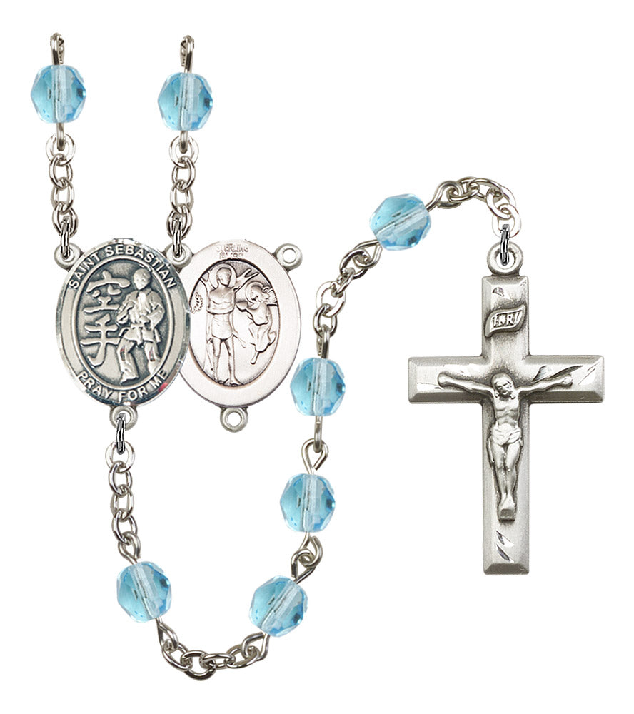 St. Sebastian / Karate Rosary, 6mm Fire Polished Aqua Beads, Silver Plate, # 16240