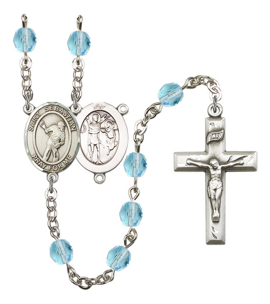 St. Sebastian / Lacrosse Rosary, 6mm Fire Polished Aqua Beads, Silver Plate, # 16242
