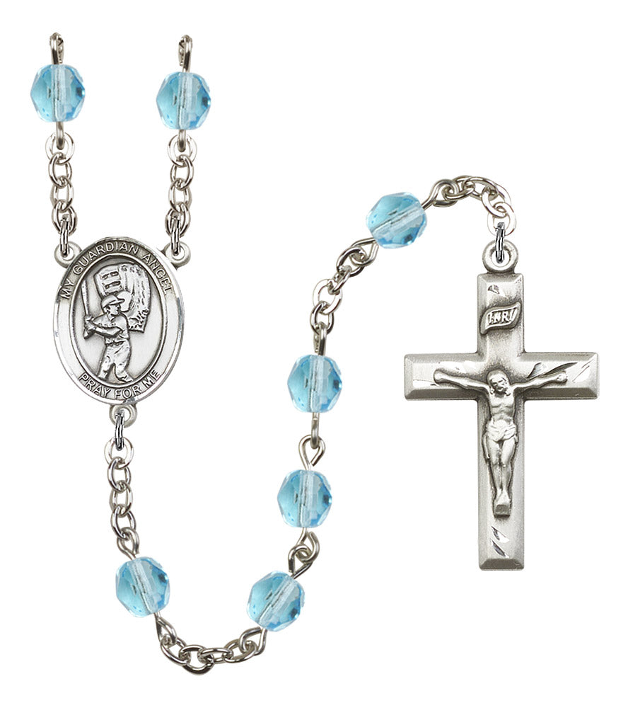 Guardian Angel / Baseball Rosary, 6mm Fire Polished Aqua Beads, Silver Plate, # 16244