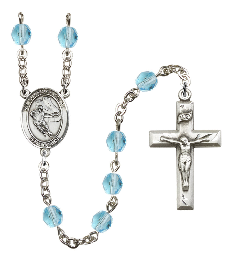 Guardian Angel / Hockey Rosary, 6mm Fire Polished Aqua Beads, Silver Plate, # 16250