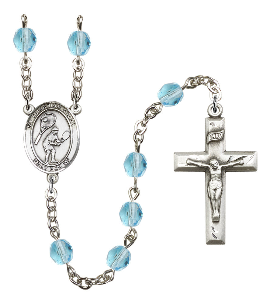 Guardian Angel / Tennis Rosary, 6mm Fire Polished Aqua Beads, Silver Plate, # 16251