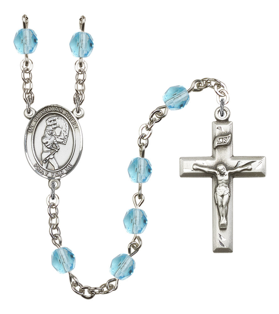 Guardian Angel / Softball Rosary, 6mm Fire Polished Aqua Beads, Silver Plate, # 16255