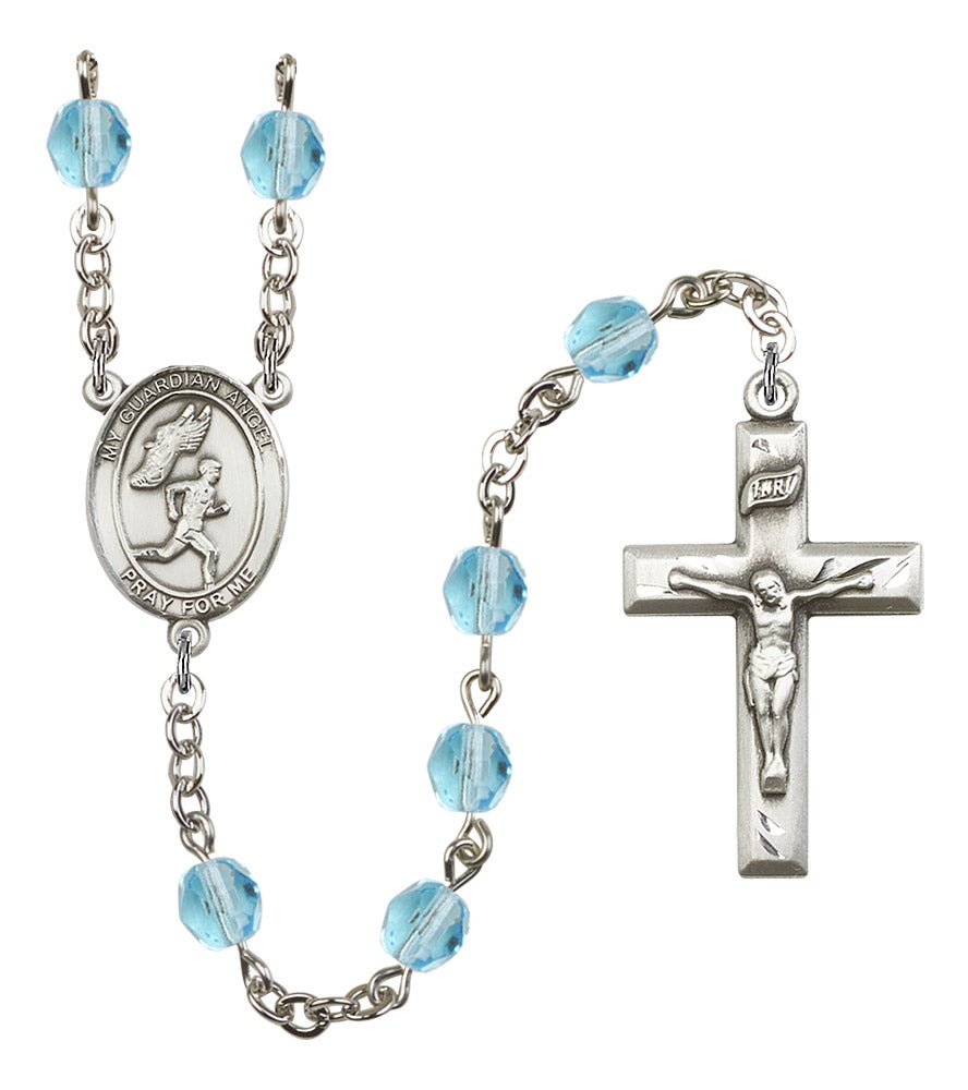 Guardian Angel / Men's Track & Field Rosary, 6mm Fire Polished Aqua Beads, Silver Plate, # 16257