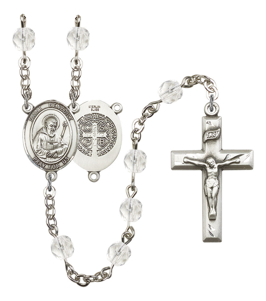 St. Benedict Rosary, 6mm Fire Polished Crystal Beads, Silver Plate, # 16296