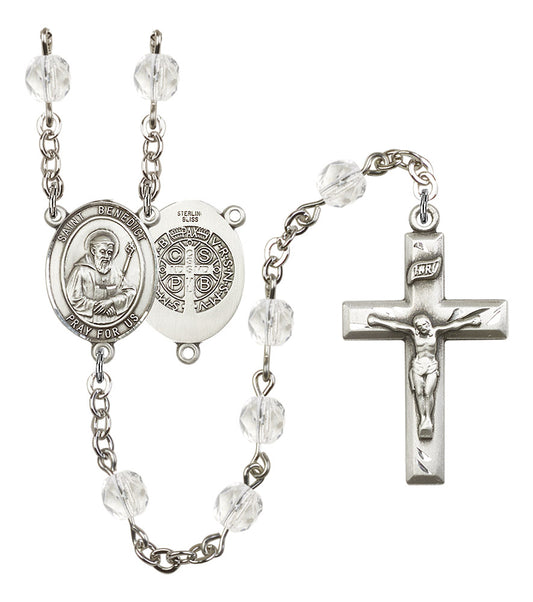 St. Benedict Rosary, 6mm Fire Polished Crystal Beads, Silver Plate, # 16296