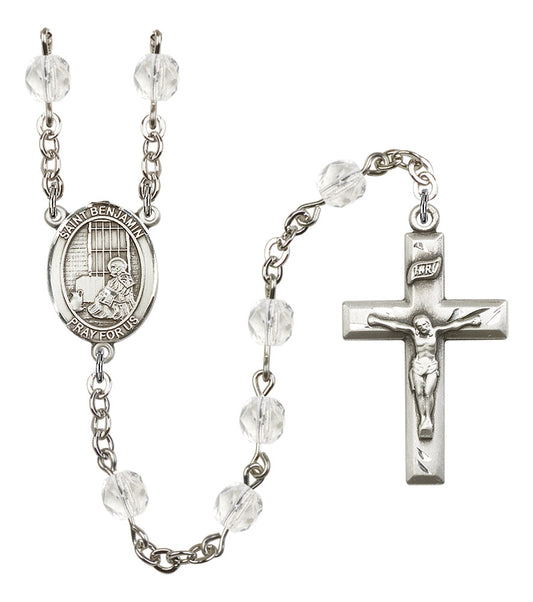 St. Benjamin Rosary, 6mm Fire Polished Crystal Beads, Silver Plate, # 16304