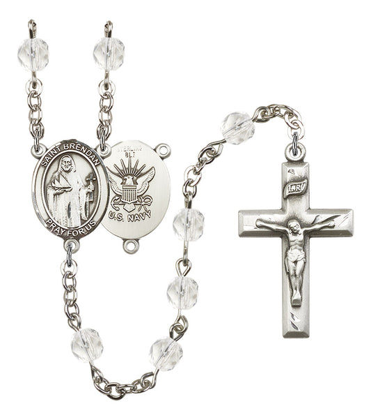 St. Brendan U.S. Navy Rosary, 6mm Fire Polished Crystal Beads, Silver Plate, # 16311
