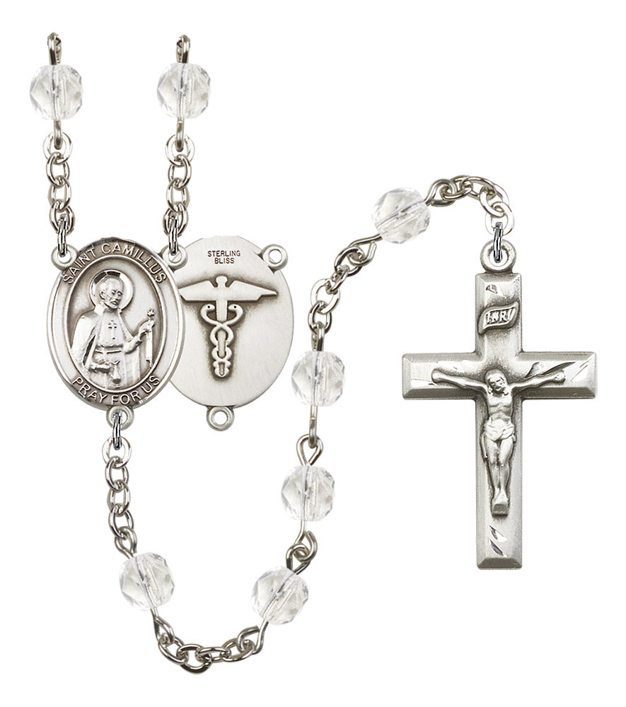 St. Camillus Nurse Rosary, 6mm Fire Polished Crystal Beads, Silver Plate, # 16313
