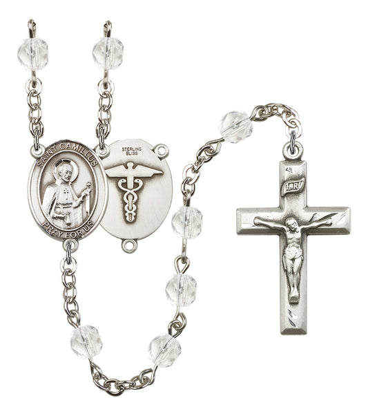 St. Camillus Nurse Rosary, 6mm Fire Polished Crystal Beads, Silver Plate, # 16313
