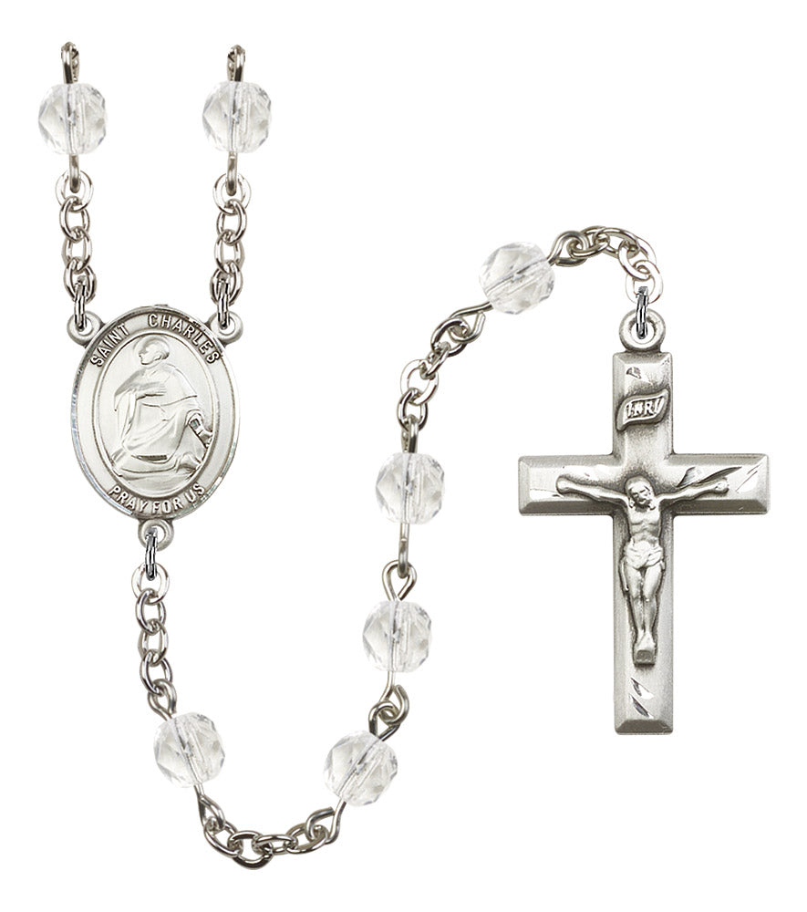 St. Charles Rosary, 6mm Fire Polished Crystal Beads, Silver Plate, # 16314
