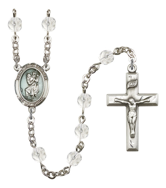 St. Christopher Rosary, Blue Enamel, 6mm Fire Polished Crystal Beads, Silver Plate, # 16317