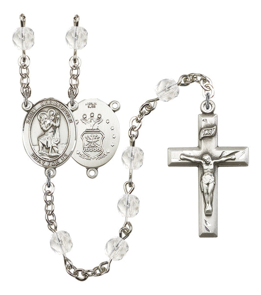 St. Christopher U.S. Air Force Rosary, 6mm Fire Polished Crystal Beads, Silver Plate, # 16318