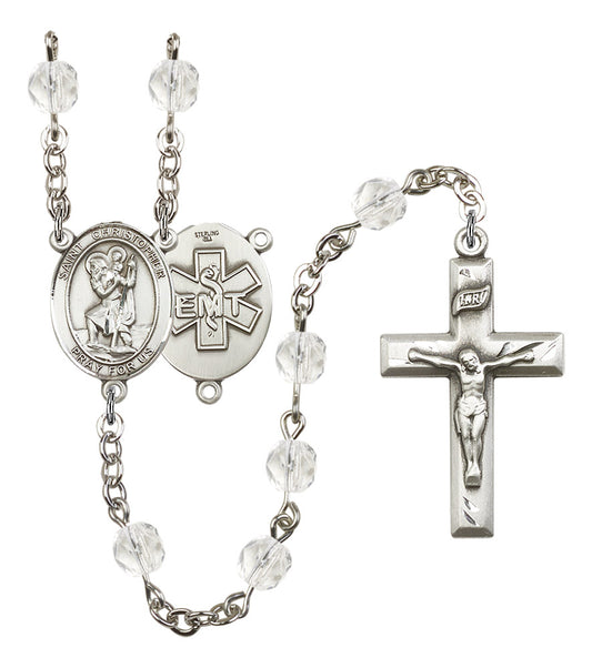 St. Christopher EMT Rosary, 6mm Fire Polished Crystal Beads, Silver Plate, # 16321