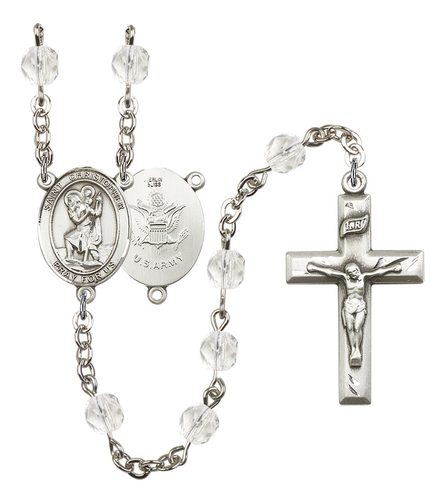 St. Christopher U.S. Army Rosary, 6mm Fire Polished Crystal Beads, Silver Plate, # 16322