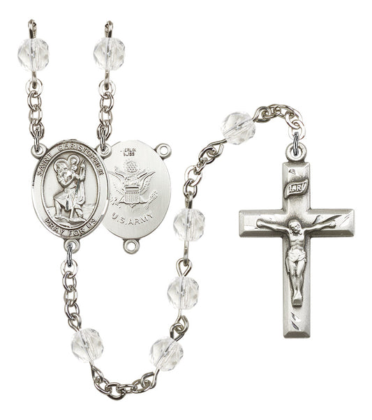 St. Christopher U.S. Army Rosary, 6mm Fire Polished Crystal Beads, Silver Plate, # 16322