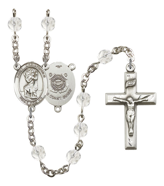 St. Christopher U.S. Coast Guard Rosary, 6mm Fire Polished Crystal Beads, Silver Plate, # 16323