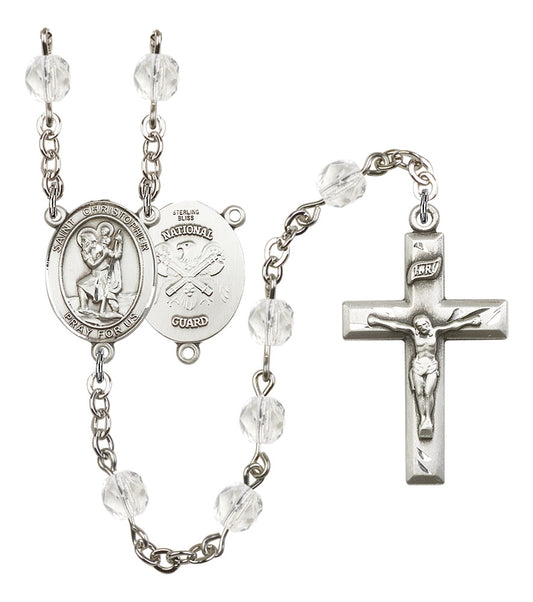 St. Christopher National Guard Rosary, 6mm Fire Polished Crystal Beads, Silver Plate, # 16325