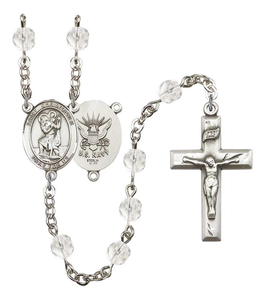 St. Christopher U.S. Navy Rosary, 6mm Fire Polished Crystal Beads, Silver Plate, # 16326