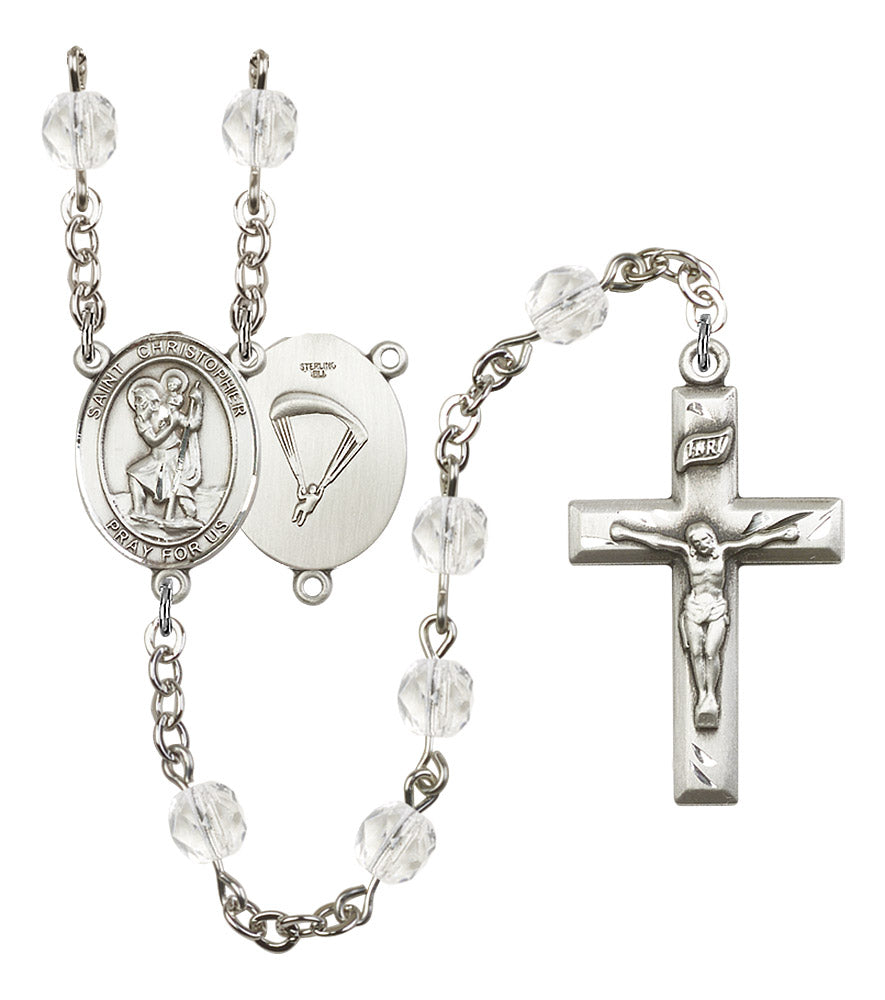 St. Christopher Paratrooper Skydiver Rosary, 6mm Fire Polished Crystal Beads, Silver Plate, # 16327