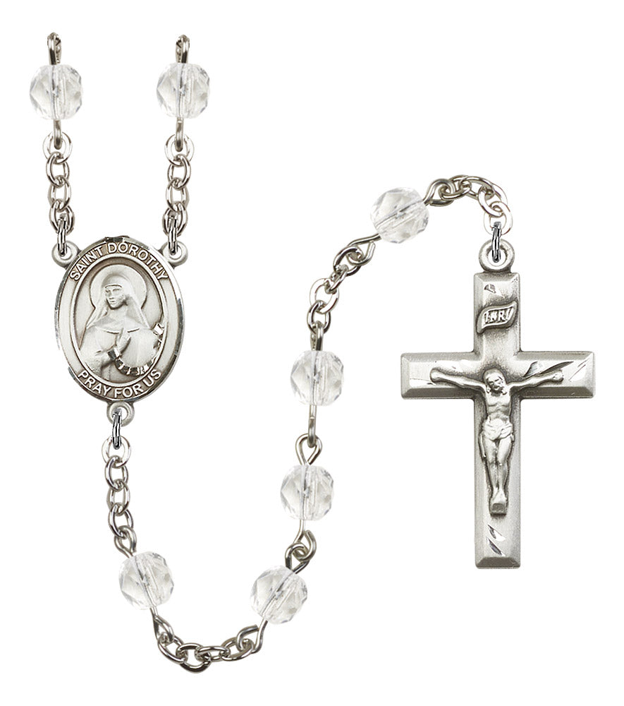 St. Dorothy Rosary, 6mm Fire Polished Crystal Beads, Silver Plate, # 16329