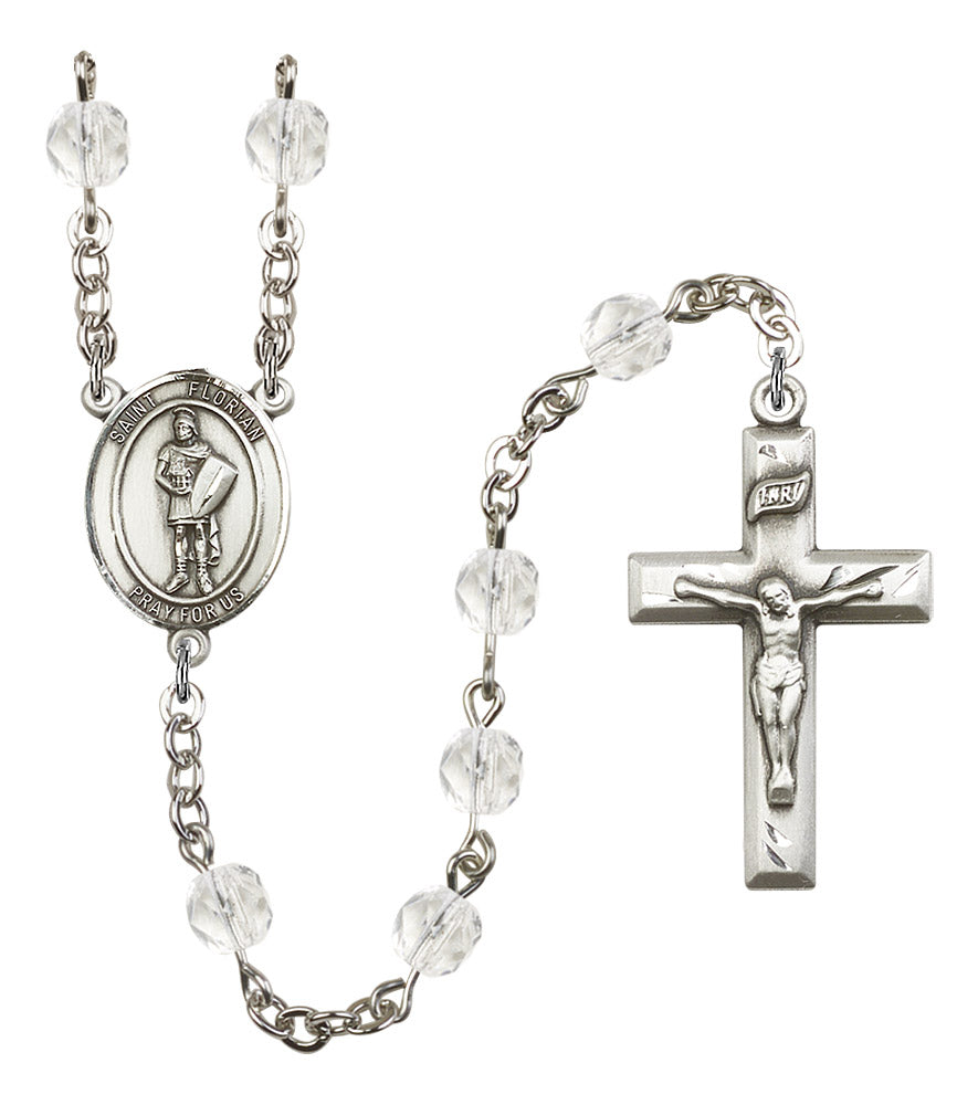 St. Florian Rosary, 6mm Fire Polished Crystal Beads, Silver Plate, # 16340