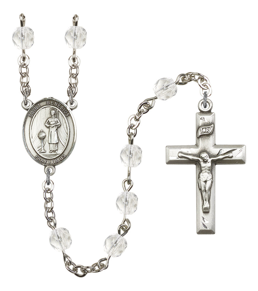 St. Genesius Rosary, 6mm Fire Polished Crystal Beads, Silver Plate, # 16345