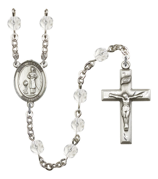 St. Genesius Rosary, 6mm Fire Polished Crystal Beads, Silver Plate, # 16345