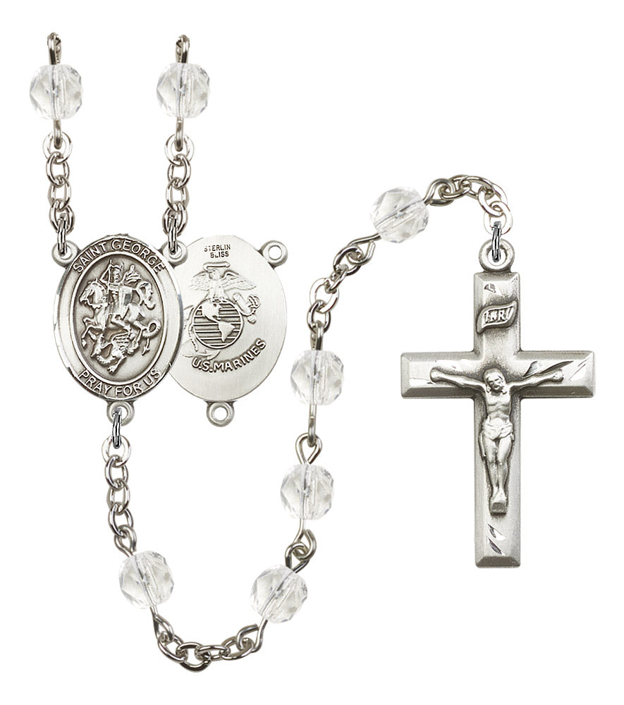 St. George U.S. Marines Rosary, 6mm Fire Polished Crystal Beads, Silver Plate, # 16352