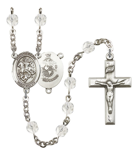 St. George U.S. Marines Rosary, 6mm Fire Polished Crystal Beads, Silver Plate, # 16352