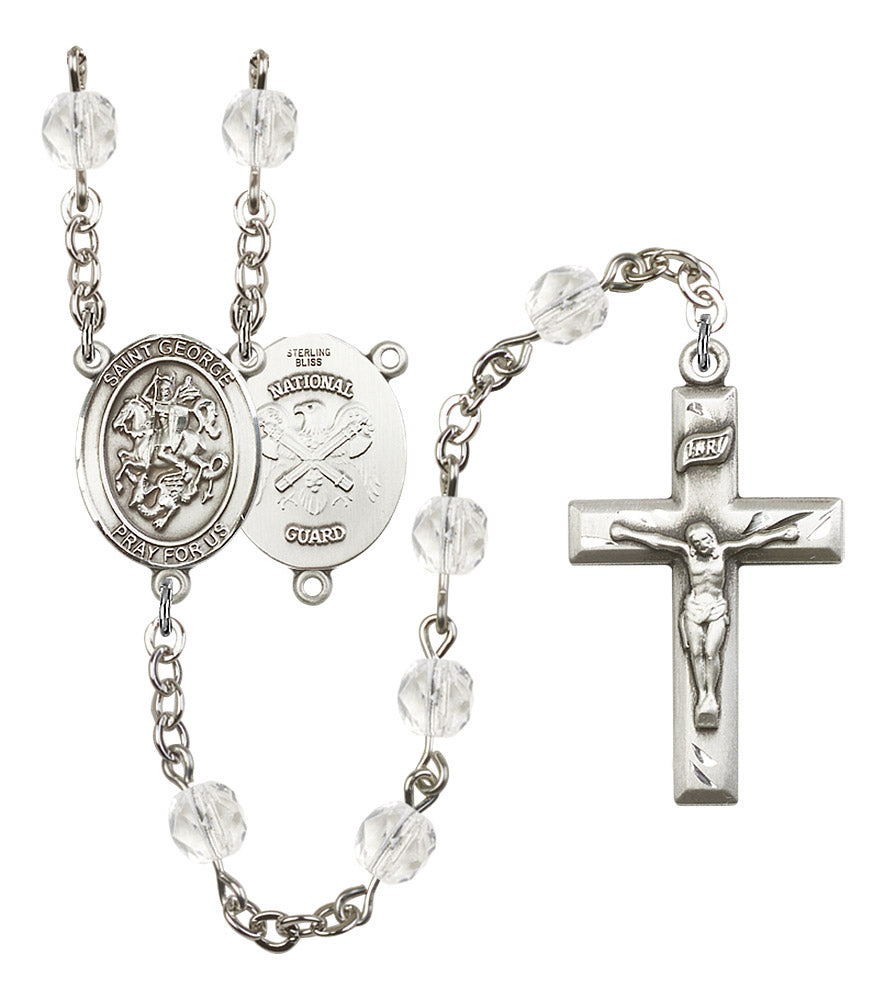 St. George National Guard Rosary, 6mm Fire Polished Crystal Beads, Silver Plate, # 16353