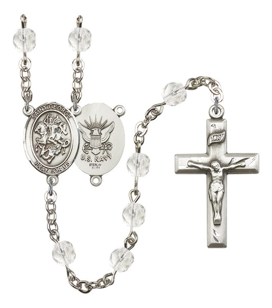 St. George U.S. Navy Rosary, 6mm Fire Polished Crystal Beads, Silver Plate, # 16354