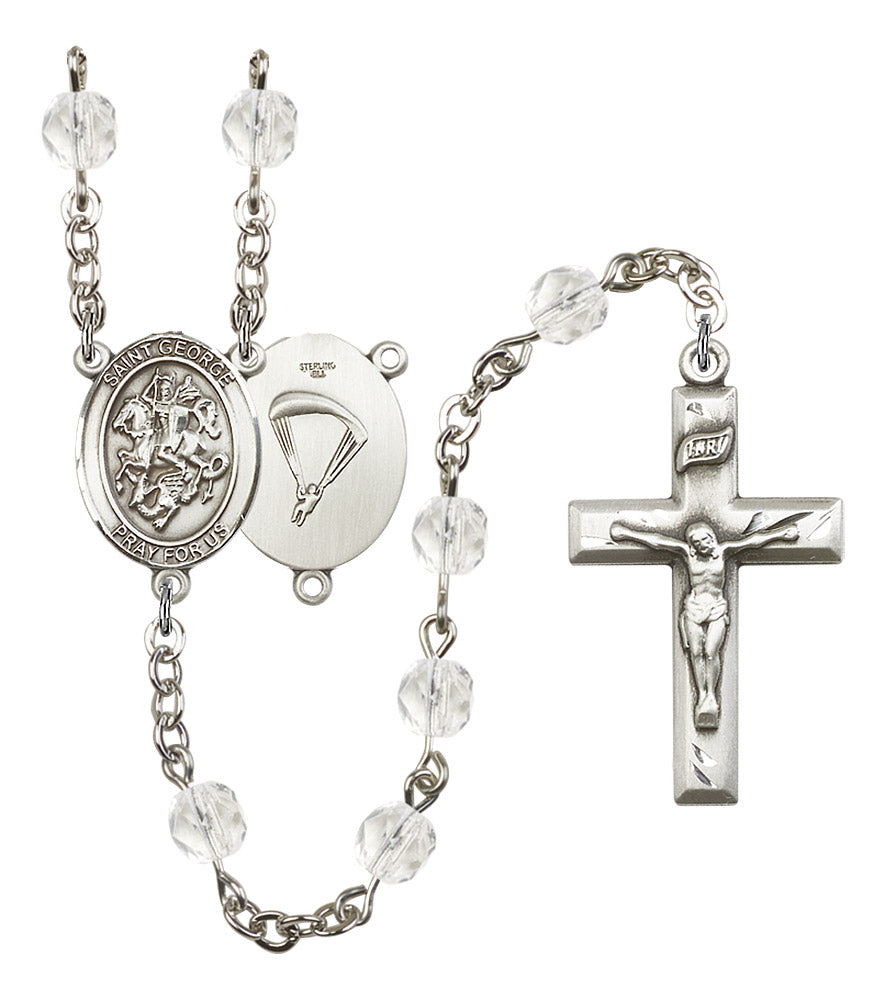St. George Paratrooper Skydiver Rosary, 6mm Fire Polished Crystal Beads, Silver Plate, # 16355