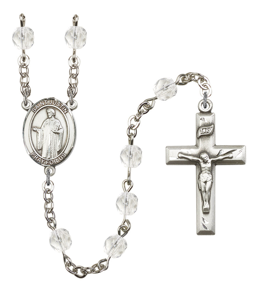 St. Justin Rosary, 6mm Fire Polished Crystal Beads, Silver Plate, # 16366