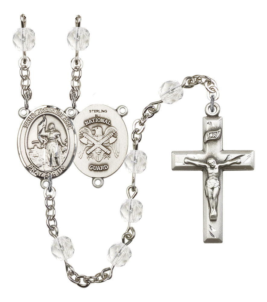 St. Joan of Arc National Guard Rosary, 6mm Fire Polished Crystal Beads, Silver Plate, # 16369