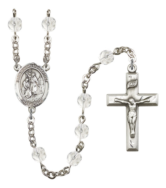 St. John the Baptist Rosary, 6mm Fire Polished Crystal Beads, Silver Plate, # 16370