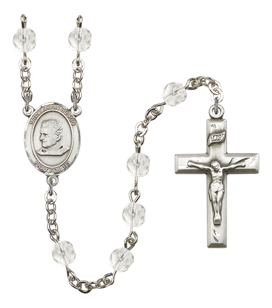 St. John Bosco Rosary, 6mm Fire Polished Crystal Beads, Silver Plate, # 16371