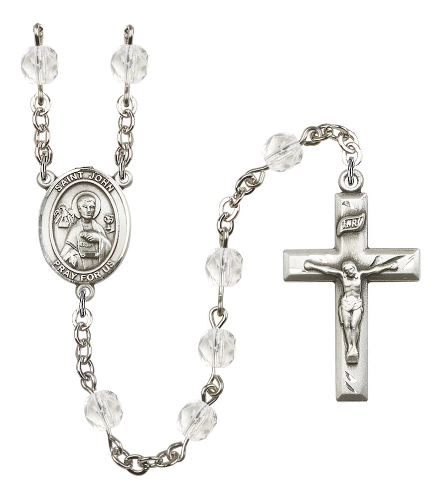 St. John the Apostle Rosary, 6mm Fire Polished Crystal Beads, Silver Plate, # 16372