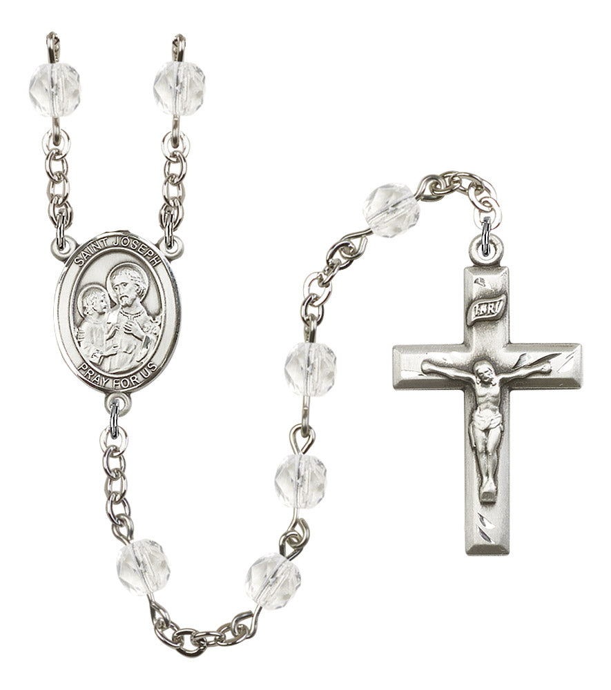 St. Joseph Rosary, 6mm Fire Polished Crystal Beads, Silver Plate, # 16374
