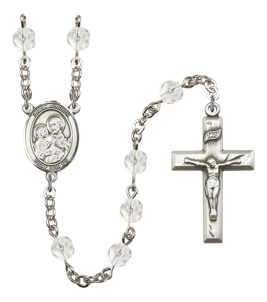 St. Joseph Rosary, 6mm Fire Polished Crystal Beads, Silver Plate, # 16374