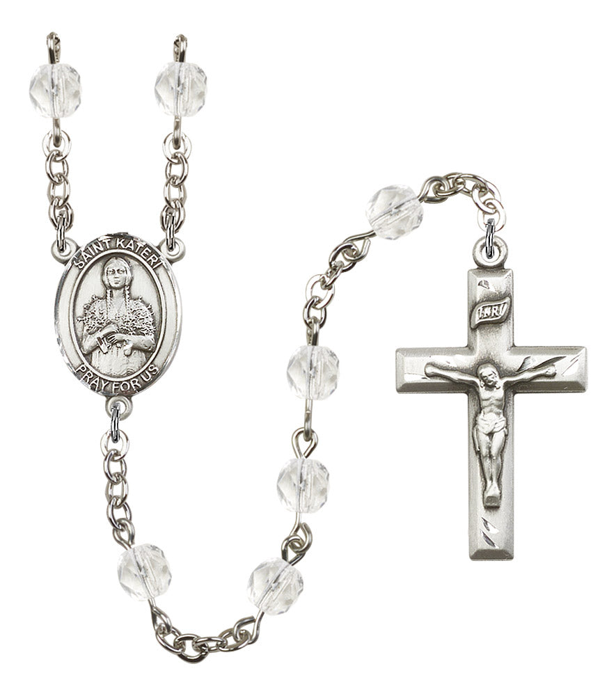 St. Kateri Rosary, 6mm Fire Polished Crystal Beads, Silver Plate, # 16379