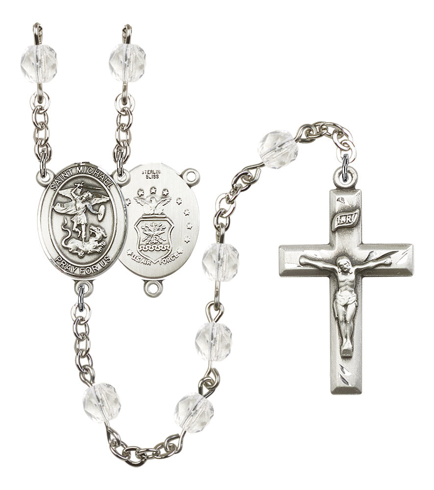 St. Michael U.S. Air Force Rosary, 6mm Fire Polished Crystal Beads, Silver Plate, # 16396