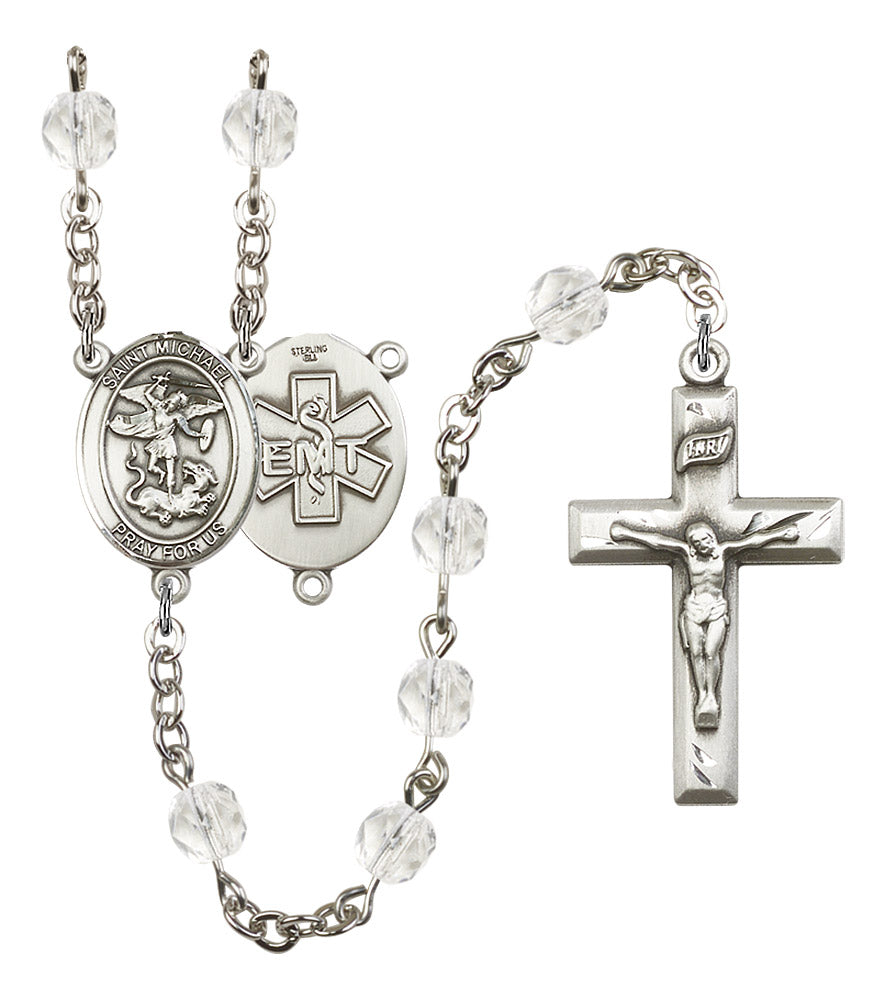 St. Michael EMT Rosary, 6mm Fire Polished Crystal Beads, Silver Plate, # 16397