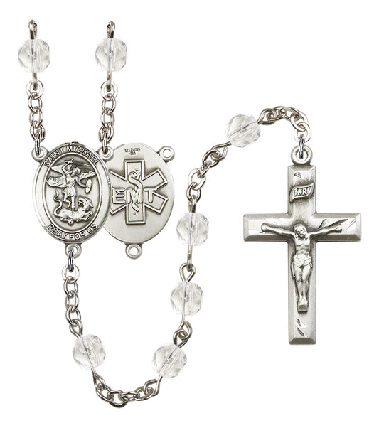 St. Michael EMT Rosary, 6mm Fire Polished Crystal Beads, Silver Plate, # 16397
