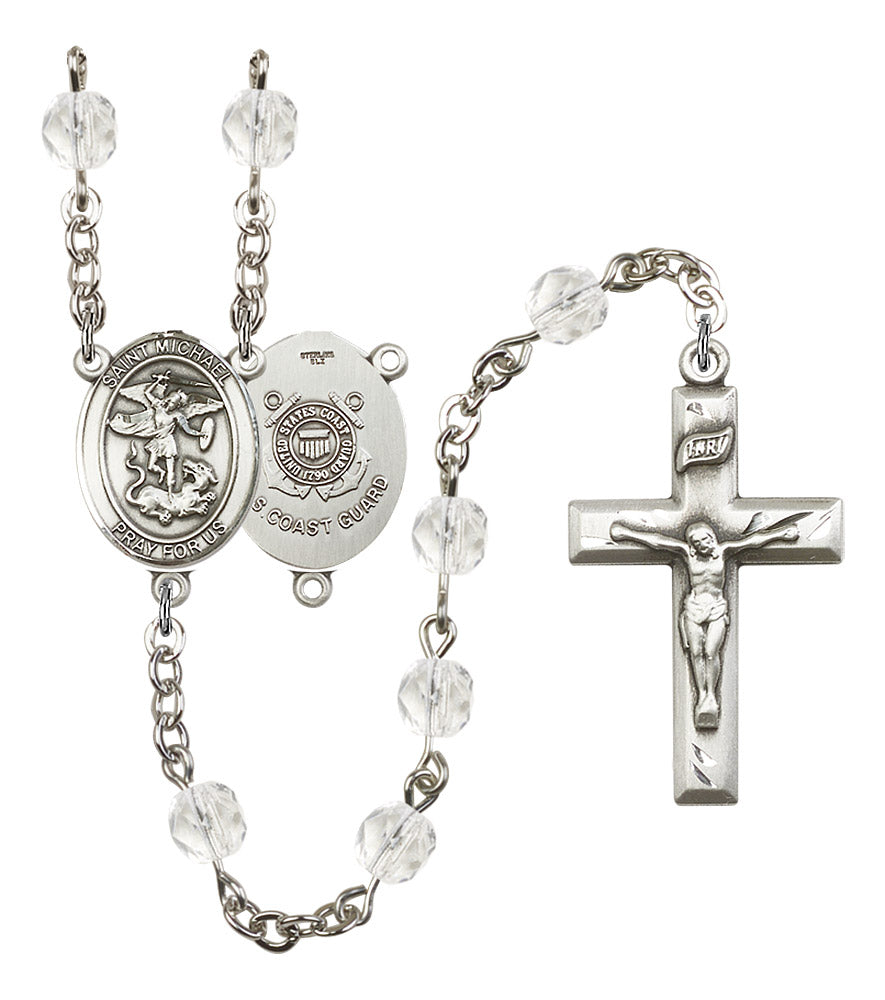 St. Michael U.S. Coast Guard Rosary, 6mm Fire Polished Crystal Beads, Silver Plate, # 16399